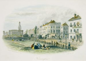 The engraving depicts Kennington Common surrounded by a wooden fence