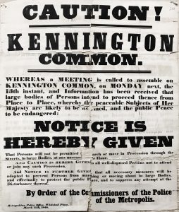 Official poster issued by the Metropolitan Police on March 11th 1848 declaring meeting on Kennington Common Illegal.
